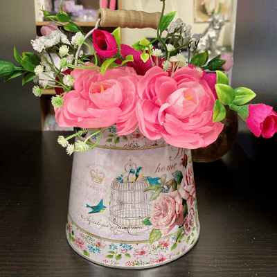 Pink Rannuculus and Gyp in a Metal Bucket