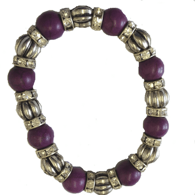 Purple and Silver Coloured Beads with Diamante Stud Spacers Ladies Bracelet