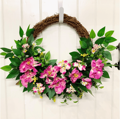 Purple Peonies with lush Greenery Door Wreath on a Grapevine Wreath Base