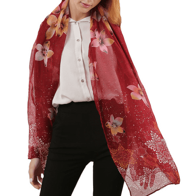 Red Floral and Snowflake Patterened Lightweight Scarf