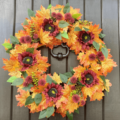 Red Sunflowers, Red Pom Poms, Green & Brown Berries, presented on Golden Yellow Maple Leaves Wreath