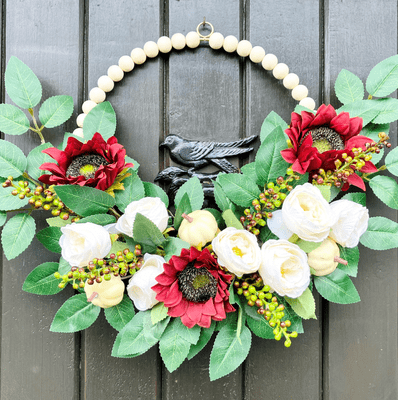 Red Sunflowers, white Roses and Pumpkin  Wreath On A Beaded  Ring