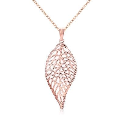 Rose Gold Plated Feather Pendant Necklace presented on a fine Rose Gold Chain