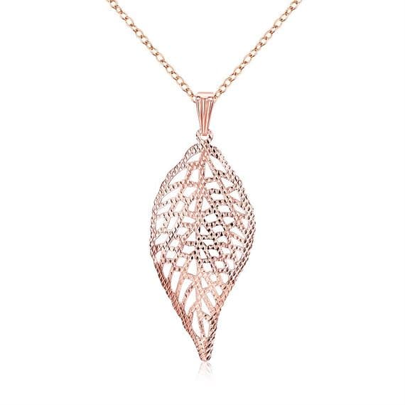 Rose Gold Plated Feather Pendant Necklace presented on a fine Rose Gold Chain