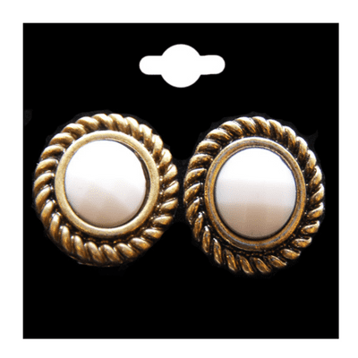 Round Stud Earrings in White Trimmed in an Antique Gold