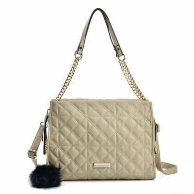 Sally Young Beige Press Grain Dual Use Handbag with Pom Pom Detail