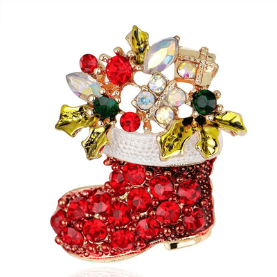 Santa's Boot Design Brooch In Sparkling Red Crystals
