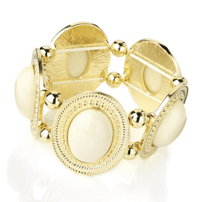 Shiny Gold Colour Elasticated Bracelet with Ivory Coloured Beads