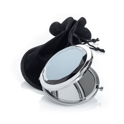 Shiny Rhodium and Transparent Black Colour Crystal Hinged Compact Mirror