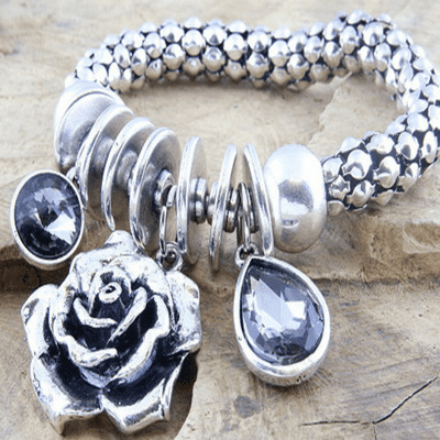 Silver Flower Charm Bracelet Style with smokey facetted rhinestones Bracelet