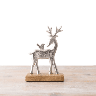 Silver Free Standing Reindeer On A Wooden Base