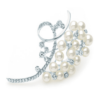 Silver & White Faux Pearl Colour Bead Crystal Costume Brooch