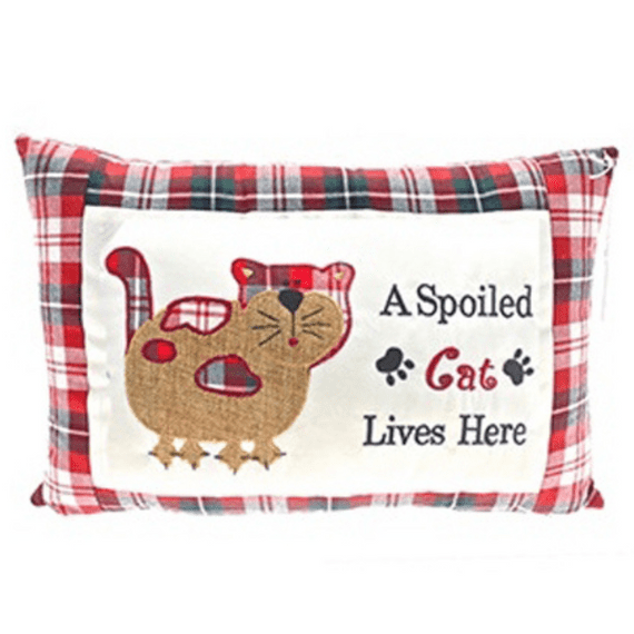 Spoiled Cat Check Cushion, saying on cushions is 'A spoiled cat lives here'