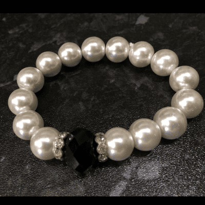 Stretch Faux Pearl Bracelet with Black Diamante Stone Bracelet