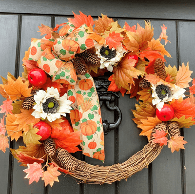 Sunflower & Apples Welcome Door Wreath With A Large Pumpkin Design Bow