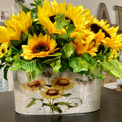 Sunflowers In a Matching Metal Planter