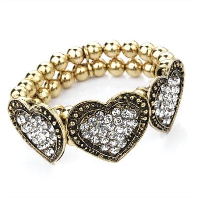 Three Hearts Beads & Diamante Bracelet in Gold