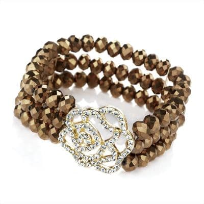Three Rows of shinny Brown Glass Beads with a large Crystal Flower Head Bracelet