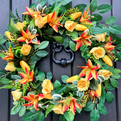 Tulips, Lilies, Roses and Berries Spring Summer Welcome Faux DoorWreath