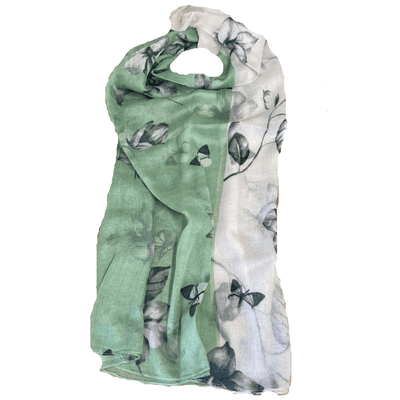 Two Tone Green Plant and Butterfly Design Scarf