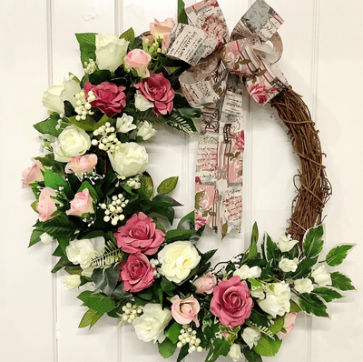 Vintage Dusky Pink and Cream Roses and Greenery Summer Door Wreath