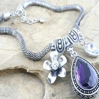 Vintage Style Hearts & Flower Metal Charm Necklace on a thick Mesh Chain