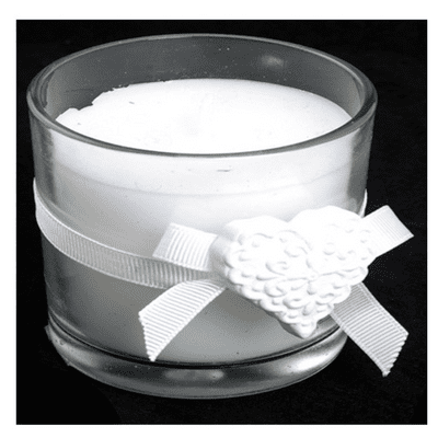 White Candle in a glass jar with a clay heart decoration and bow on the jar