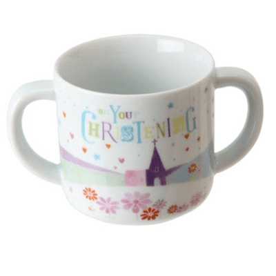 White Ceramic Baby Christening Double Handled Mug