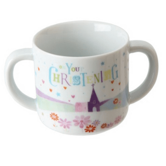 White Ceramic Baby Christening Double Handled Mug