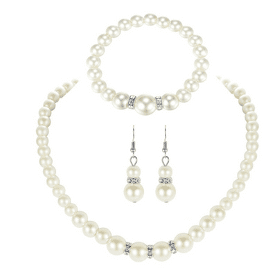White Colour Pearl Glass Beads and Crystal Necklace Set