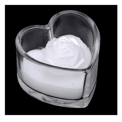 White Rose Shape Candle in a Heart Shaped Glass Pot