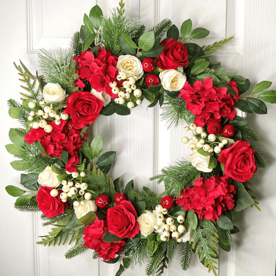 Winter Faux Hydrangea, Roses, Berries and Pomegranates set on faux Pine and Rose Leaves Door Wreath