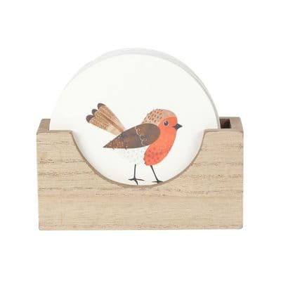 Winter Robin Coaster Set And Holder