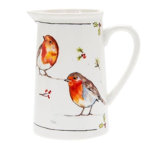 Winter Robin's and Holly Bush Design Ceramic Jug