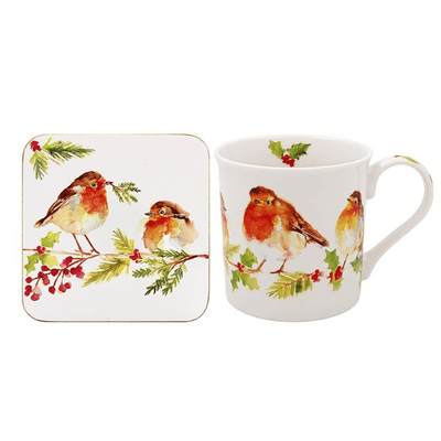 Winter Robins Design Mug and Coaster Set