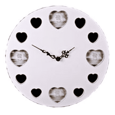 Wooden Cream Wall Clock with cut out Heart shape photo frames