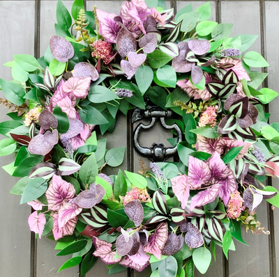 Year round faux door wreath with Ficus leaves, Eucalyptus, Angel Leaves, and Tradescantia leaves