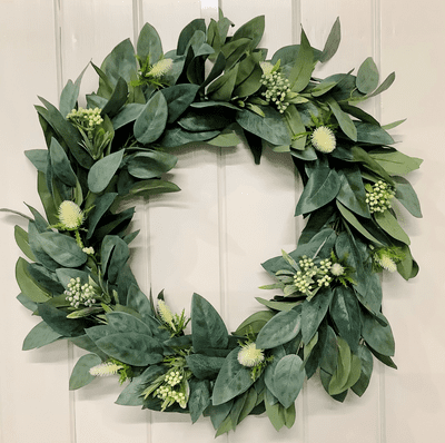 Year round Faux Eucalyptus Door Wreath with Ivory Sea Holly and Sedum Mix