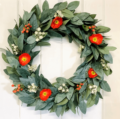 Year Round Faux Eucalyptus Door Wreath with Wild orange Poppies,  & Hypericum Berries