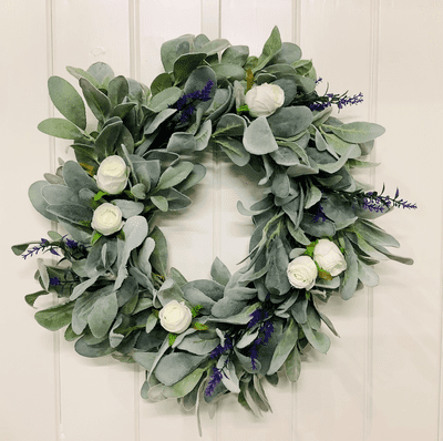 Year round Lamb's Ear's Door Wreath, with Cream Roses and Lilac Spray