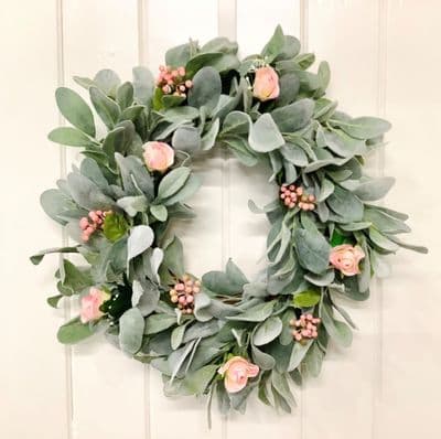 Year Round Lamb's Ear's Door Wreath with Pink Roses and Wild Pink Berries