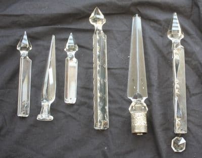 6 VINTAGE  CHANDELIER CRYSTALS,  2 CENTRAL SPIKES  + 4 ALBERT DROPS  Ref: AJL24B