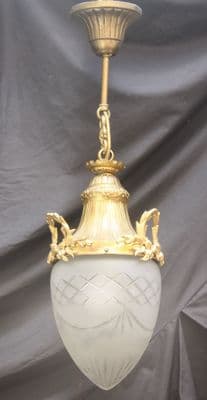A VINTAGE FRENCH CEILING LIGHT,  BRASS  & GLASS ACORN SHAPED LANTERN  Ref: AMA27