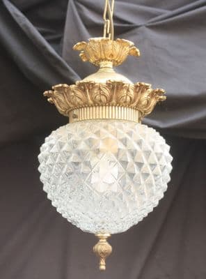 A VINTAGE FRENCH CEILING LIGHT,  BRASS  & GLASS PINEAPPLE  SHAPED LANTERN  Ref: AAG16