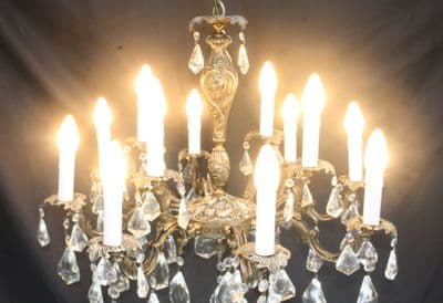A VINTAGE FRENCH CHANDELIER  12 ARM 2  TIER CEILING LIGHT WITH CRYSTALS Ref: AJ5