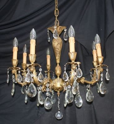 LARGE VINTAGE  BRASS CHANDELIER  8 ARM FRENCH  CEILING LIGHT WITH GLASS CRYSTALS  Ref: AMR7