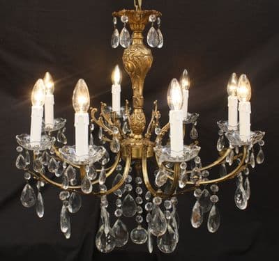 LARGE VINTAGE  BRASS CHANDELIER FRENCH  8 ARM   CEILING LIGHT WITH GLASS  DROPS - Ref: AJL12a