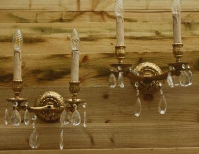 PAIR OF BRASS   WALL LIGHTS,  2  DOUBLE SCONCES WITH GLASS  CRYSTALS Ref: AMY22