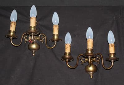 PAIR OF  FLEMISH  WALL LIGHTS,  2  BRASS TRIPLE SCONCES Ref: AJN7