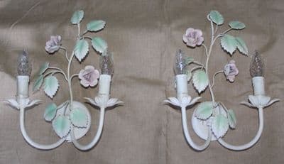 PAIR OF TOLEWARE WALL LIGHTS,  2  DOUBLE  SCONCES WITH  GREEN LEAVES AND PINK FLOWERS Ref: ASP11a